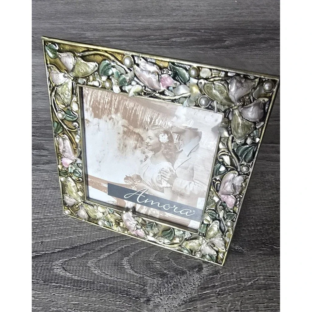 Amora Metal Photo Frame Butterfly  Enameled  Pearls 4x4 Photo